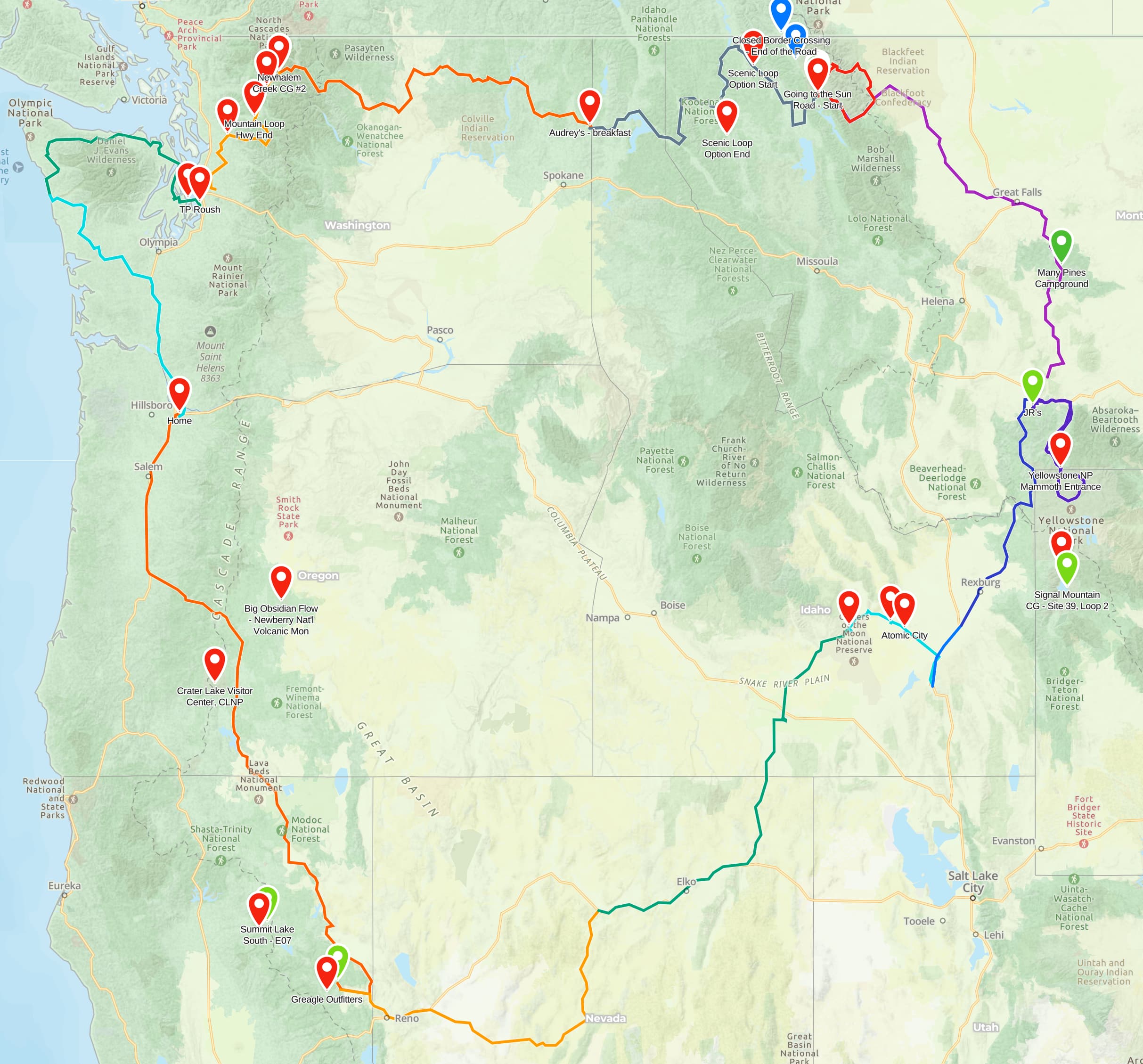 Trip Report: NW National Parks Loop
I left my job recently to take a much needed sabbatical and figure out what I’m doing next. A few weeks after my last day at work I embarked on what was to be a three week tour of NW-ish National Parks from Portland, to include Olympic, North Cascades, Glacier, Yellowstone, Grand Teton, Craters of the Moon, Lassen Volcanic, and Crater Lake.
I ended up missing Grand Tetons due to weather and I had to cut the trip short before I got to Lassen (family medical issue), so Lassen and Crater Lake remain unvisited.
Trip Dates: Sept 3 - Sept 16 (13 days)
Total Travel Miles: 3478 (does not include local miles for store runs, etc.)
Total Gallons of Gas Used: 82
Equipment: 2021 Benelli TRK502X Gaia GPS & Google Maps running on Sonim XP8 rugged Android phoneButler Motorcycle Maps (paper maps of best M/C roads in the country) iPhone 14 (main camera) Akaso Brave 7 helmet-mounted adventure camera Spot X satellite communicator and tracker Wolfman Luggage WP waterproof tank bag and saddle bags (no longer available) Watershed Colorado dry bag duffel (across the pillion seat) Kriega US-5 Drypack (tail bag) Kriega 3L hydration backpack (strapped to duffel, not worn)Marmot Ajax 2 tent Nemo hydrophobic down sleeping bag (non-mummy)Helinox ultralight cot MSR WhisperLite International stove
(Purchased in 1991 for my first moto trip: Detroit, MI to San Diego and back on an XT250)Gossamer Gear Bare Boxer bear-proof food canisters (two - one in each saddle bag)
Day 1 - Olympic National Park Date: Tuesday 9/3/2024
Destination: South Beach Campground, Olympic National Park
Travel Time: 4h 24m
Miles: 213Notes:
Planned to head west to Astoria then north from there, but left later than expected so headed up I-5 to US 12. I’ve driven/ridden that stretch of I-5 hundreds of times (starting in 1993). It’s boring and I hate it.
South Beach CG is first-come-first-served. I didn’t have issue getting a site. There is a long, tight loop of sites along the coastline, but I chose one of the sites further back near the bathrooms due to wind concerns. The bathroom building provided a sort of wind shelter for my site.
I used the heated grips on this leg; it was pretty chilly along the coast in the Olympic Peninsula. I almost didn’t install them, thinking I was being paranoid about the cold. I ended up using them a lot.
Day 2 - Ferry to Seattle / Burien Date: Wednesday 9/4/2024
Destination: Friend’s house in Burien, WA
Travel Time: 7h 30m
Miles: 199
Notes:
Slept well (thanks to Advil PM). I’ve not been sleeping well for more than a year. I’m really hoping to reset my sleep patterns with this trip. A good night’s sleep is one of my great joys and I feel like I’ve been robbed of that pleasure.
Used my Aeropress this morning for the first time ever. I’m hooked.
Headed up along US 101 through Port Angeles and then down to the Southworth ferry terminal near Port Orchard. Ferried across to Fauntleroy, which is just a few miles north my friend’s house in Burien. I’m always surprised at how long it takes to get from the Olympic Peninsula to the east side of Puget Sound (Seattle, etc.). With the ferry crossing (I love ferries) it took seven and a half hours to go 200 miles.
Discovered at my first stop of the day (just up 101 at the Kalaloch Campground, stopped to refill water) that the battery is quite weak and won’t start the bike if you leave the ignition on for even two minutes without the motor running. This would become a theme for the next few days. Fortunately, I have a jumper box and a permanent jump harness wired to the battery so jump starts are a quick operation.
Had a good evening with old friends.
Day 3 - North Cascades via Mountain Loop RoadDate: Thursday 9/5/2024
Destination: Newhalem Campground, North Cascades National Park
Travel Time: 4h 30m
Miles: 146Notes:
Slept well, on the couch. No pills needed.
I realized yesterday that my summer riding gloves (Rev’It Dune) were a size (or two) too small. Rev’It gloves fit really tight and I feel like I can never get it quite right. And yet, I love them. So, I stopped at a Cycle Gear in Bellevue to pick up something summer weight (Dirt 3) that fit better. They’re better, but maybe still one size too small. Such is life.
From Bellevue, I rode north and took the Mountain Loop Hwy then on up north to North Cascades. It was a hot ride. Still summer.
A small section of the Mountain Loop Road is dirt/gravel, which I didn’t realize. No biggie. Was just surprised (clearly I didn’t study my maps closely enough). When riding solo on a bike that weighs over 500 lbs., I tend to avoid planning much off-pavement riding. That’s what my DR-Z is for.
Day 4 - Newport, Washington via Winthrop Date: Friday 9/6/2024
Destination: Golden Spur Motor Inn, Newport, Washington
Travel Time: 8h
Miles: 308
Notes:
Slept just ok, even with Advil PM.
Pretty ride through North Cascades National Park and Colville National Forest. Didn’t do any backroads or hikes. Discovered (new to me) the town of Winthrop. Stopped for coffee at Sheri’s and resupplied on freeze-dried food at Cascades Outdoor Store.
The town of Newport is almost nothing, but, inexplicably, there’s an amazing restaurant (Brownell’s Place). Had dinner and a few ciders. Met and chatted with the owner/chef (she’s great). Listened to some live music. Then back to the motel.
Day 5 - New Battery in Kalispell Date: Saturday 9/7/2024
Destination: West Glacier KOA, West Glacier, MT
Travel Time: 8h 7m
Miles: 293
Notes:
Slept well on motel bed (on sleeping bag, not in the sheets). Another hot one.
Discovered that the water pump seal leaks oil. A quick post in the TRK Facebook group revealed that this is a common problem on this bike, and and easy fix. It’s apparently just a bad o-ring.
Battery has been getting continuously worse, and now requires I jump start the bike about every other start. Google Maps to the rescue: directions to the Batteries Plus in Kalispell, please. They don’t have an Odyssey AGM in the right size; the Duracell will have to do. (It’s been great.)
I set up camp at the West Glacier KOA, which will be my base for a few days. KOAs are their own little world. Very strange. Not really my thing, but the on-site laundry was handy.
After setting up camp I opened a cider and used the iPad to book a vehicle reservation for the next day to ride Going to the Sun Road, which I really wanted to do.
Day 6 - Going to the Sun RoadDate: Sunday 9/8/2024
Destination: Local Ride: West Glacier, Going to the Sun Road, Saint Mary, East Glacier
Travel Time: 5h 35m
Miles: 142Notes:
Quick breakfast and gas up in West Glacier before entering Going to the Sun Road.
Going to the Sun Road was stunning. This was the first point in the trip where I had tingles and was giddy at what I was seeing.
Took a very short hike along Saint Mary Lake. Again, I was beside myself with the beauty.
Lunch at the general store in Kiowa.
The rest of the ride back after East Glacier was meh, but I just kept thinking about how amazing what I’d seen in the morning had been.
Dinner at the KOA. Tacos from a cart (ok / not great, and a very weird guacamole) and a few glasses of wine from another cart. I asked about the guac and it turns out they make it in a food processor. Come on, people.
Day 7 - Ride to BozemanDate: Monday 9/9/2024
Destination: Friend’s house in Bozeman, Montana
Travel Time: ~ 8h (Gaia crashed near the end of the trip, but before getting to Bozeman)
Miles: ~ 400Notes:
Slept poorly again. No pills this time. Took some photos of my soft luggage setup to answer some questions in the TRK502X Facebook group. The saddle bags are from Wolfman Luggage, but I don’t think they make this waterproof line anymore. I use a duffel dry bag from Watershed across the top. A heat shield protects the side bag from exhaust heat.
Hazy, smoky ride most of the way. Very windy in places. This is where I first really started to feel how underpowered the TRK502 is. Really struggled in places.
Developed an engine-speed-sensitive squeak or rattle. Sounds like when a heat shield vibrates in resonance with engine vibration. Discovered that it’s a missing crash bar mounting bolt allowing the crash bar to rub against the frame.
Also noticed that there’s a resonant oscillation at speed that feels like the chain going bad (like it’s stretching unevenly).
First of several nights at a friend’s house in Bozeman (which, it turns out, is a pretty cool town). And there’s a hot tub…
Day 8 - Bike Maintenance & Hyalite ReservoirDate: Tuesday 9/10/2024
Destination: Local Ride: Hyalite Reservoir
Travel Time: not recorded
Miles: not recordedNotes:
Woke up to a smoky sunrise. I had the best night’s sleep I’ve had in years. This is was the whole point of this trip: to untangle my burnout and reclaim sleep as one of my joys. I wrote about it in my journal when I woke up. I hope this wasn’t a fluke.
Planned to replace the bolt that rattled loose from the crash bar, but instead discovered that it had actually severed off at the mount point. No fixing that on the road. Adjusted chain and moved on.
Lunch at Mountains Walking Brewery in Bozeman.
Rode up to Hyalite Reservoir. Pretty ride. Smoky still.
Soaked in hot tub after dinner.
Day 9 - North Yellowstone LoopDate: Wednesday 9/11/2024
Destination: Northern loop through Yellowstone National Park
Travel Time: 9h 36m
Miles: 272Notes:
Did a day trip from Bozeman down through the northern loop in Yellowstone, entering at Mammoth and taking the scenic route through Paradise Valley.
Saw elk, coyotes (I think), buffalo, and pronghorn.
Pretty ride, but cold in places. Used heated grips again.
Rode the loop through Mammoth Hot Springs (see video) at the end.
Coffee at Tumbleweed Bookstore & Cafe in Gardiner. I kind of dig Gardiner. Good vibe.
Had dinner at Mountains Walking Brewing. Rain and wind started. Lights flickered. Waited for rain to stop before riding back to the house.
Power out at the house due to high winds. This does not bode well for tomorrow.
Day 10 - Winter Weather in the ParksDate: Thursday 9/12/2024
Destination: Grand Teton National Park via West Yellowstone Pocatello, Idaho
Travel Time: 5h 40m
Miles: 201Notes:
Today was supposed to be a gorgeous ride through Yellowstone into Grand Teton National Park, and camping at Signal Mountain CG in the park. The weather had other ideas. It was pouring rain (and cold) all the way to West Yellowstone from Bozeman. By the time I got to West Yellowstone I was getting severe winter weather warnings on my phone calling for up to 3 (three!!) inches of snow accumulating in the high passes in the park. It’s bad enough in a car, but that’s a disaster waiting to happen on a motorcycle.
I parked my butt at Mountain Mama’s Cafe in West Yellowstone to warm up / dry off and decide what to do. I almost had myself convinced to push through when I realized that, even if I made it to the campground ok, I’d be setting up camp in the rain and I’d likely be miserable all night. Grand Teton would have to wait.
From West Yellowstone it’s easy to bail west into Idaho and get away from the park weather and elevations. So that’s what I did. It was not a pleasant ride, though. I was in torrential downpours all the way to Idaho Falls.
Arriving in Idaho Falls, I was exhausted and sure I could just find a room for the night. I dropped the bike at a roundabout (short-legged it coming to a stop; I knew it was going so I just rolled away). Guy behind me helped me pick it up. Then, there were no rooms because it was move in week for the two universities there (U of I, ISU). This would become a recurring theme.
I rode further to Blackfoot. Still no rooms.
I called ahead to Pocatello and got a room at a Red Lion there. I was never so happy to be off the bike.
No pictures this day. I couldn’t even get the action camera to turn on.
Day 11 - Craters of the Moon and EBR-1Date: Friday 9/13/2024
Destination: Craters of the Moon National Monument
Travel Time: 4h 20m
Miles: 124
Notes:
I wasn’t sure what my destination would be today but my plan was to do a little nuclear tourism, see Craters of the Moon, and then go somewhere from there. My schedule and day-plan was thrown off by missing Grand Teton National Park and spending a night in Pocatello, which was not on the itinerary at all.
Stopped in Atomic City. Not sure why; I was under the impression that Atomic City was the first city lit by nuclear engergy, but it was practically a ghost town. There are a few houses there, but as far as I could tell all of the business were shuttered. Except, maybe, for the race track; that looked like it might still get used.
Arco, it turns out, is the city celebrated as the first in the world to be lit by nuclear energy. Nothing special about the town, but they do a nice job of making City Hall photo-worthy.
Between Atomic City and Arco is EBR-1 (Experimental Breeder Reactor I) which was the world’s first breeder reactor. The EBR-1 exhibit was closed for the season, but in the lot next to it were some really interesting experimental nuclear heat-transfer jet engines that never made it out of the experimental phase (probably a good thing).
Craters of the Moon is pretty small. If you don’t do any of the walks, it’s literally just a 30 minute road loop. Still, it was an unexpected surprise and delight. I had no idea what to expect but I was positively chuffed at the experience. I noticed that the campground had open sites so I inquired at the entry booth. As luck would have it, the whole campground is first come / first serve. I decided to set up for the night. It’s good to be done early and have some time to read and not stress about making distance.
Day 12 - New Chain in Twin FallsDate: Saturday 9/14/2024
Destination: Battle Mountain, Nevada
Travel Time: 8h 52m
Miles: 335
Notes:
Beautiful morning in Craters of the Moon. While I was breaking camp a parade of classic cars came into the park to drive the loop. I got a picture of one Pontiac down the road in Carey at a gas station.
Carey ended up being an unplanned fork in the road for me. I discovered this morning that my chain was indeed stretching unevenly, and the oscillation I was feeling and hearing was the chain hum changing from a “loose” hum to a “tight” hum rapidly as the tight spot moved around the sprockets. I was supposed to continue west to Mountain Home and then south from there into Nevada. A very scenic route, according to my Butler map. But, between camp and the gas station I got pretty paranoid about the chain snapping at high speed, which, worst case, could lead to a fatal crash.
So I called ahead to a few motorcycle dealers in Mountain Home (on my planned route) to see if they could take me in and replace the chain. No dice. This is the downside of having an obscure motorcycle from an obscure marque - no one wants to work on it. Making matters worse this is an Italian-designed bike built in China, a fact which causes many people to lose the ability to think clearly. “It’s Chinese junk!” Not so. Next.
With Mountain Home out, I tried Twin Falls. My first call was to Adventure Motorsports, and the service manager there took me in with no hesitation. “How soon can you be here?” I didn’t get his name, but my hat’s off to him and his one tech working furiously on a Saturday to beat the 3pm closing time. He said during high season, they get about 15-20 out of town travelers per week who need something done, and they take them all in. I love to hear stuff like this. This shop is in it for the community. They have a nice showroom, too.
With a quality new chain installed, I got a burrito and a MexiCoke at a Mexican place and went on my way. I made it to Battle Mountain, NV, where I decide to get a room. Tomorrow I rejoin my planned scenic route. Day 13 - Desert Mountains in NV, CADate: Sunday 9/15/2024
Destination: Grizzly Campground, Lake Davis (near Portola, CA)
Travel Time: 7h
Miles: 307
Notes:
I love the northern Nevada landscape, and today’s ride didn’t disappoint. US Highway 50 is apparently known as “The Loneliest Highway” but everyone knows about it, so it’s not very lonely. However, after leaving Austin, NV headed west you can take Nevada Highway 722, which dips to the south and follows the old US 50 route. It was completely empty and the twisties through the passes were fun. Highly recommended.
Stopped in Fallon for gas and to find a Micro SD card for the action camera. Walmart to the rescue.
After Reno, I crossed into California and, I swear, it looks different. Norther California desert mountains are so beautiful.
Camped at a nearly empty campground on Lake Davis (very end of the season). The host warned me rain was coming tomorrow.
Day 14 - Unplanned Return HomeDate: Monday 9/16/2024
Destination: Summit Lake Campground, Lassen Volcanic National Park Portland, Oregon (Home)
Travel Time: 10h 32m
Miles: 538Notes:
Last week, my mom went into the hospital for a fairly routine procedure. My brother went to Michigan to help out, as needed, and he went back home to Arizona after she returned home and everything seemed settled.
This morning, while having coffee, I got a call that she’d gone back into the hospital with something that may or may not have been related to the procedure. It seemed like maybe things were ok, but maybe not.
I decided the best thing to do was head home so that I was near an airport if I needed to fly out to Michigan to help out.
I packed up camp and headed up US 395 toward home, via Klamath Falls. It was a pretty ride, but, once again, I found myself in rain most of the way to Klamath Falls.
I was pretty beat by the time I got to Klamath Falls and figured I’d just find a hotel room, get a hot shower, and finish the ride tomorrow.
But, once again, it was move-in week for the local university. Holiday Inn Express had a single room for $395. No thanks. Onward.
I never hit rain again after Klamath Falls, and after turning west onto Oregon Hwy 58 and starting to lose elevation into the Willamette Valley, the temperature starting rising, which was welcome.
Once I reached Eugene, there was no point in not just going all the way home, so that’s what I did.
I got two pictures: one at camp before the call, and one at my last gas stop, an hour and twenty minutes from home, with the moon rising.
A nice side effect of my early return home is that I was home for my birthday (tomorrow), so I had dinner with my kids and my wife, which was lovely.
I did end up flying to Michigan the next day, and was there for a bit. The best part? I got to make some meals for my mom and step dad. Everything seems ok with my mom for now.
Grand Teton, Lassen, and Crater Lake will be there, and now I have an excuse for another trip in the future.