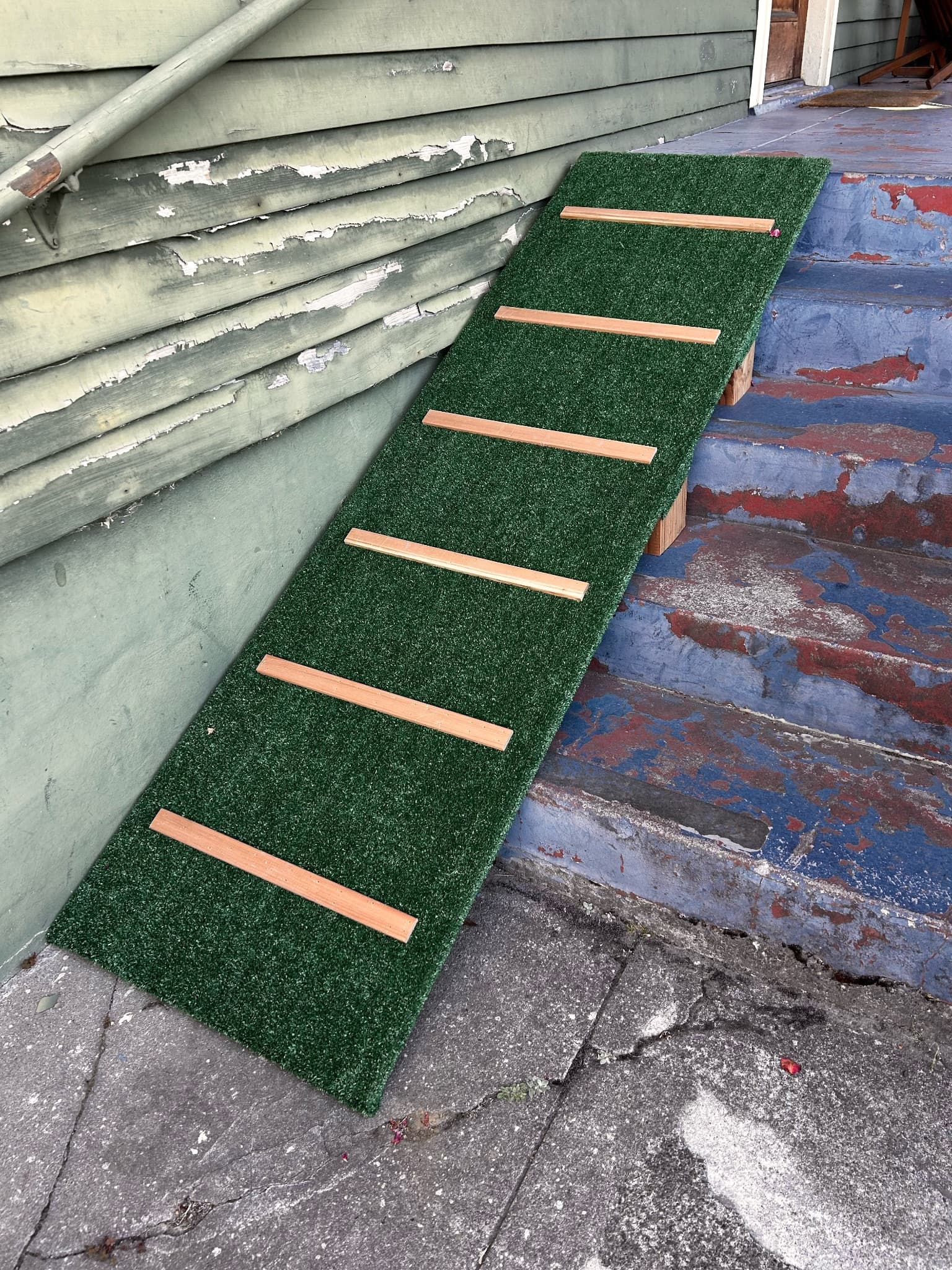 Adventure Pup has mobility issues. This is the v3 iteration of the front porch ramp. The is the first version he’s been able to get all the way up, despite the steepness.
It seems to be working. He’s getting used to it. Question is will he do it for Ma, or only for the dad.
If needed, v4 will be longer and not as steep. I’ve also designed a funicular in my head, just in case.